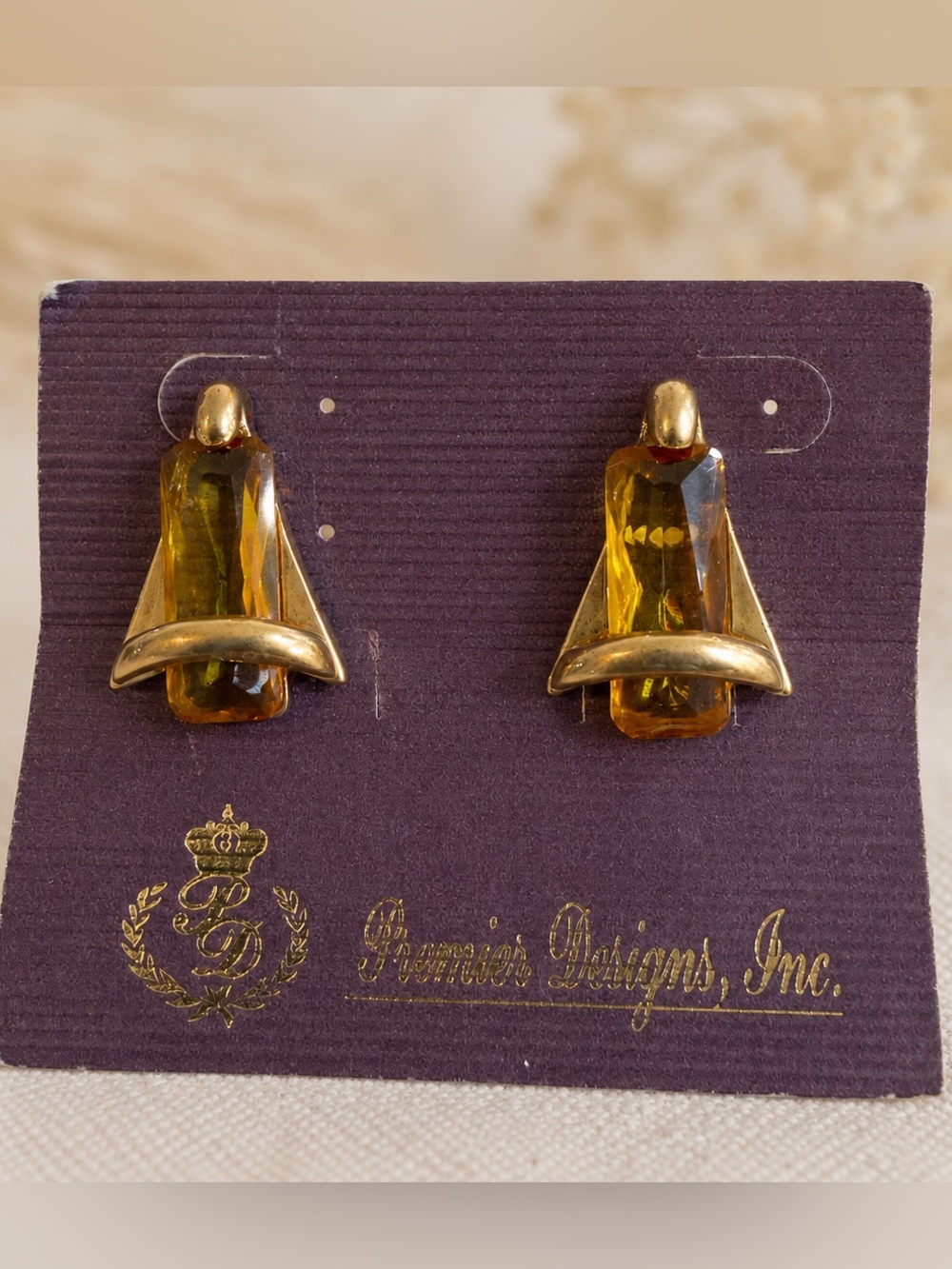 Premier Designs Butterscotch Earrings Yellow Glass Gold Tone Geometric Statement - Picture 3 of 5